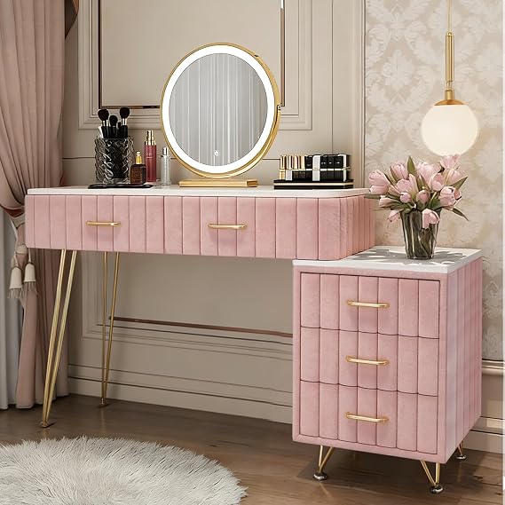 Velvet Dressing Table, LED Lighted Mirror with 3 Color Dimmable, Modern Large Storage Vanity Desk with 5 Drawers & Side Cabinet, 39.4inch Makeup Desk with Gold Handle for Girls Bedroom, White