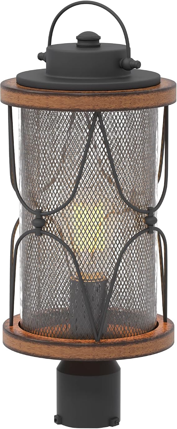 Inlight 17 High Farmhouse 1-Light Outdoor Post Mount Light,Clear Seeded Glass Shade and Meshed Metal, Matte Black and Barnwood Finish, Hardwired Lantern Head, Bulb Not Included, IN-0645-1-BK