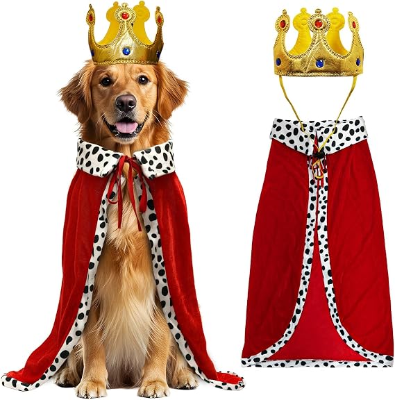 Large Dog Halloween Costume, Cute Dog King Costume and Golden Crown Set, Halloween Costumes for Cats Dogs King Cloak Kitten Cape