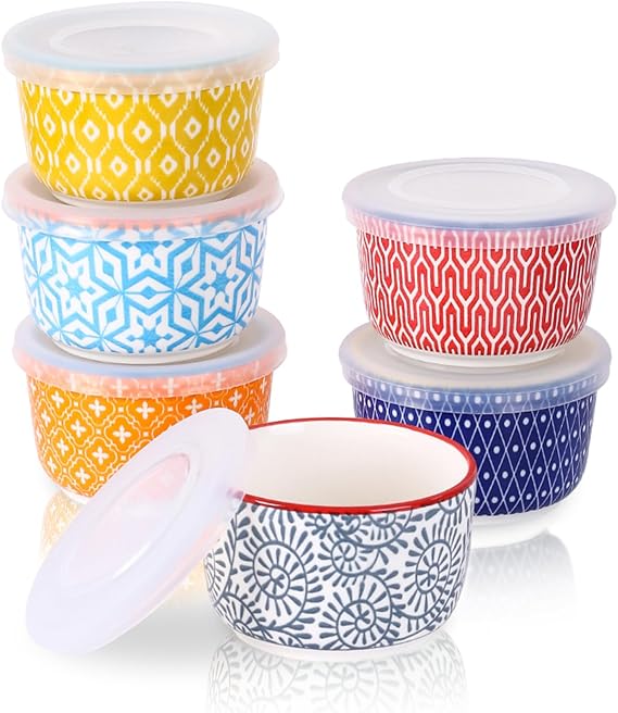 Selamica 6 oz Ramekins with Lids Oven Safe, Creme Brulee Ramekins Souffle Dishes with Covers, Pudding Custard Cups Stackable Ceramic Mini Ramekin Bowls Set for Baking, Dipping, Set of 6, Assorted Colors