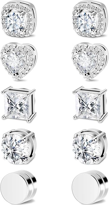5 Pairs Magnetic Earrings for Men Women, Stainless Steel Silver Clip on Stud Earrings Set for Sensitive Ear Hypoallergenic Magnet Fake Earrings Jewelry 6mm