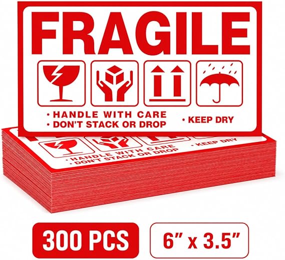 Large Fragile (6" X 312") Handle with Care Keep Dry Upward Do Not Trample Shipping Box Warning Stickers Label (STK-02 300pcs)