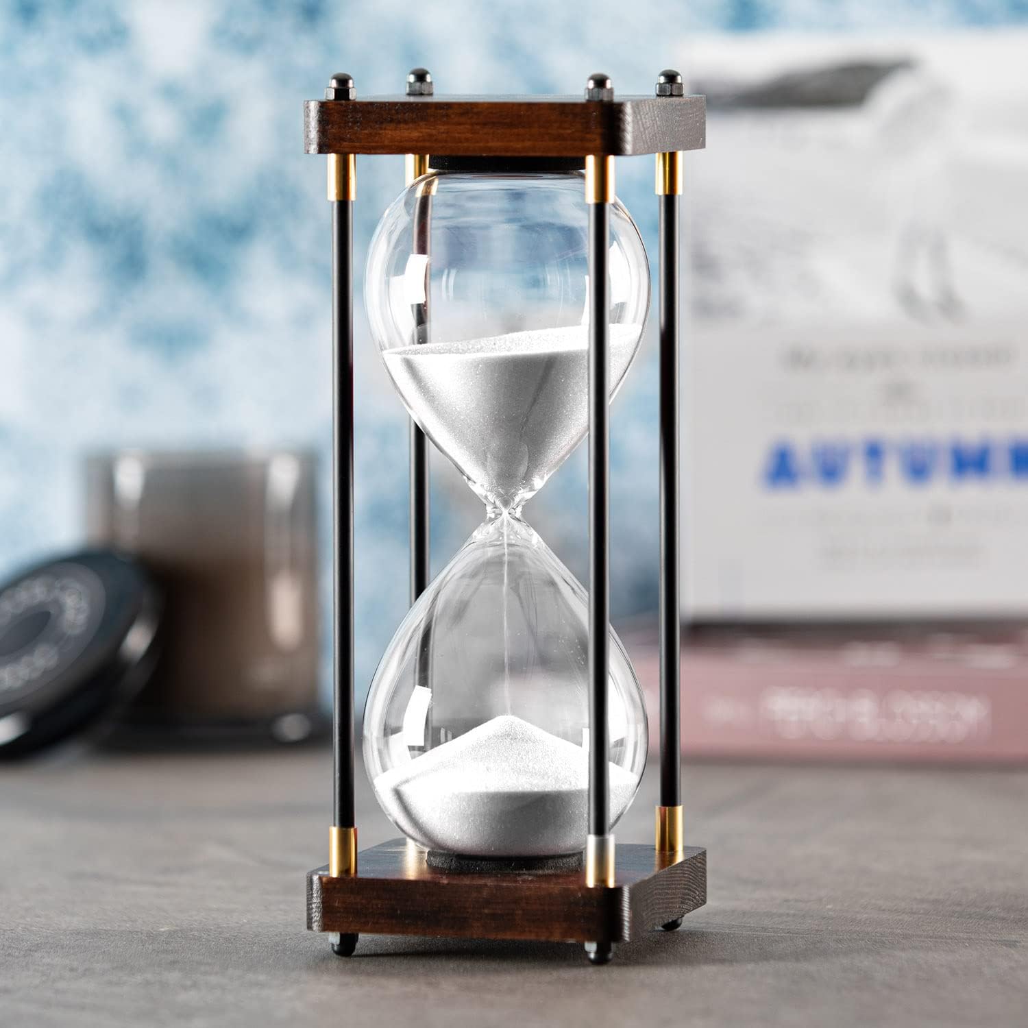 Large Hourglass Timer 60 Minutes Decorative Wooden Sand Timer with White Sand 1 Hour Hourglass