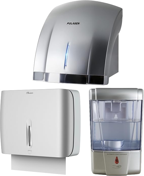 Bathroom Hygiene Bundle Automatic Hand Dryer, Manual Paper Towel Dispenser & Touchless Soap Dispenser Wall Mounted Set for Home and Commercial Use White ABS Construction