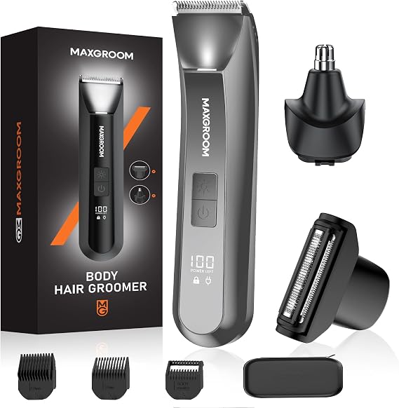 MAXGROOM Manscape 3-In1 Body & Pubic Hair Trimmer for Men, IPX7 Waterproof Ball & Groin Shaver with LED Light, Electric Razor with Travel Pouch & USB Rechargeable, Gifts for Men (Grey)