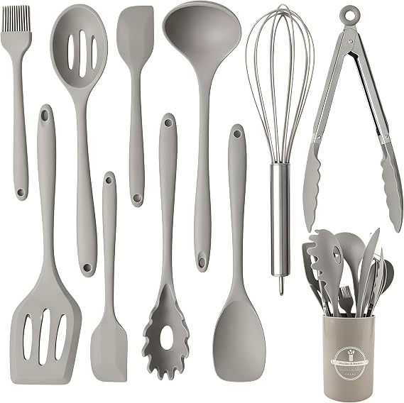 Silicone Kitchen Utensils Set,10 PCS Cooking Kitchen Utensils Set, Nonstick Kitchen Utensils 446F Heat-Resistant Cookware Kitchen Tools of Spoon,Brush,Whisk,Spatula,Turner Tongs(Khaki)