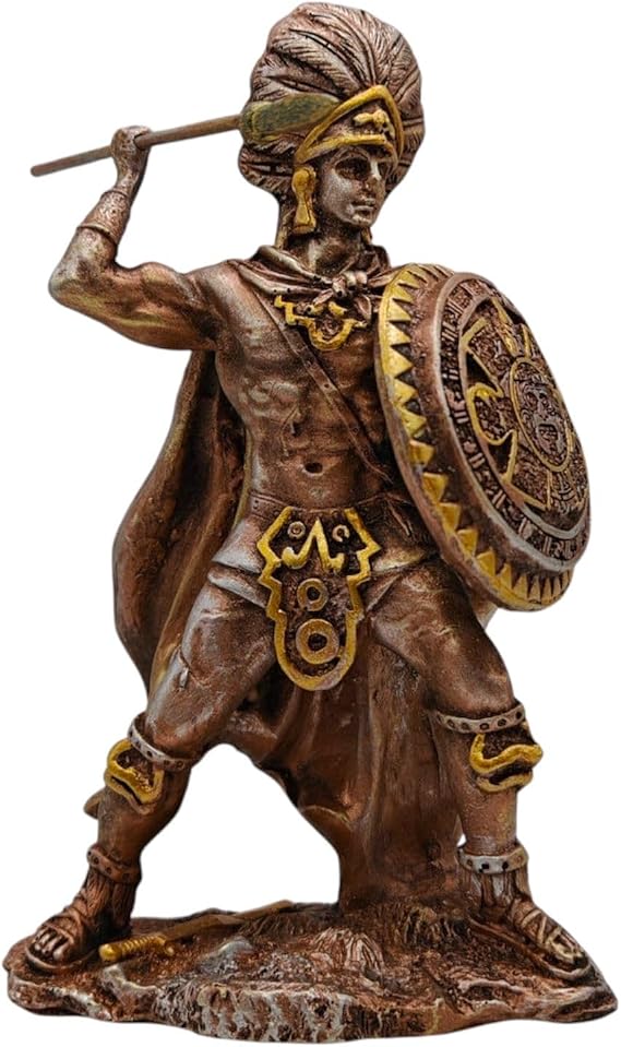 Decorative Aztec Warrior with Spear and Shield, 20 cm, Bronze