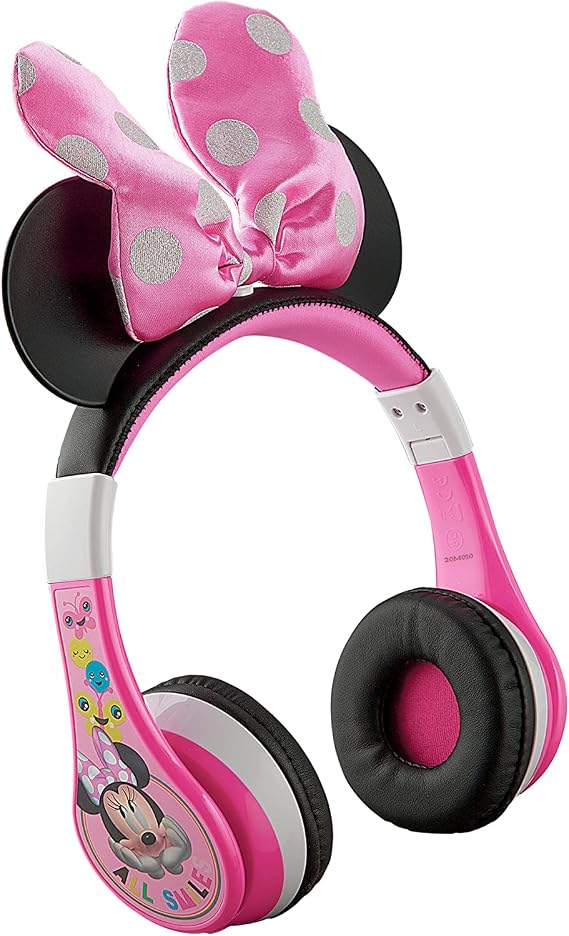 eKids Minnie Mouse Kids Bluetooth Headphones, Wireless with Microphone Includes Aux Cord, Volume Reduced Foldable Headphones for School, Home, or Travel, Pink