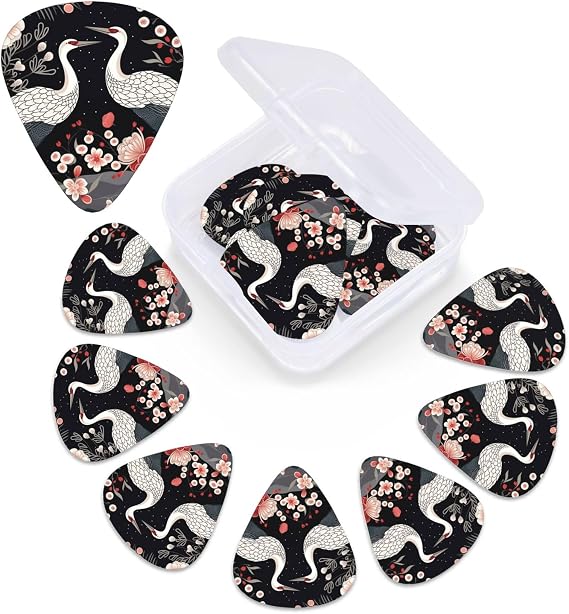 12 Pack Guitar Picks for Acoustic Guitar with Organizer Storage Box,Bass Pick 0.46 mm 0.71 mm 0.96 mm Guitar Pick Flying Birds Crane Heron Celluloid plectrums Guitar Accessories