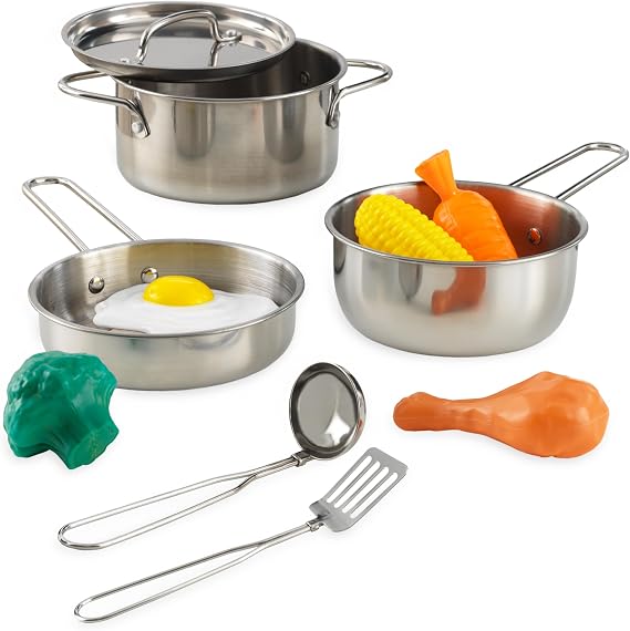 KidKraft Deluxe Cookware Set with Food, Gift for Ages 3+ | Kids Pretend Play Kitchen Stainless Steel-Look Pots & Pans with Play Veggies and Protein, Gift for Ages 3+