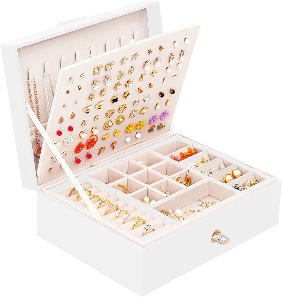QBestry Jewelry Box for Women Girls, 105 Holes Stud Earring Organizer Storage Case with Removable Dividers, 3-Layer White Leather Jewelry Organizer for Earrings Rings Necklaces Bracelet, Gift for Teen