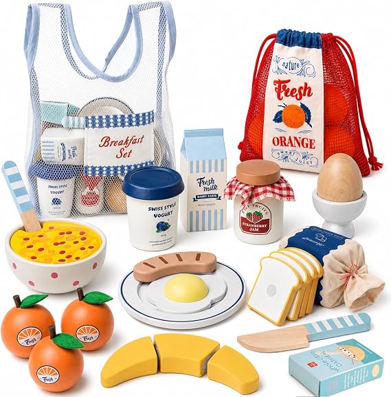 Lehoo Castle Wooden Play Food for Kids Kitchen, Pretend Breakfast Food Set | Montessori Cutting Fruit Egg Bread with Shooping Storage Bag, Educational Play Kitchen Accessories Gift for Toddler Toys 3+