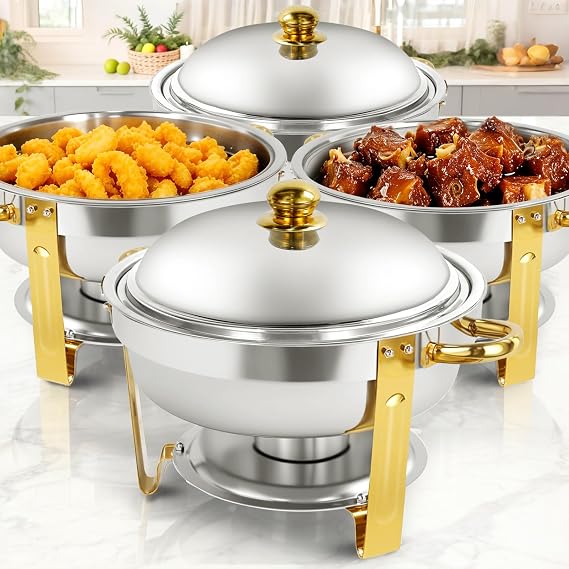 Chafing Dish Full Set, Round 6QT Stainless Steel Catering Chafer, Buffet Food Warmers for Parties Events Weddings, Gold, 4 Pack