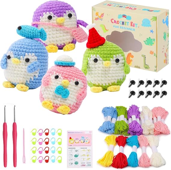 InteDesign 4PCS Cute Penguin Crochet Kit for Beginners, Amigurumi Crochet Animal Kit,Crochet Starter Kit Step-by-Step Video Tutorials, Adults Crochet Starter Kit with Gift Box (Penguin)
