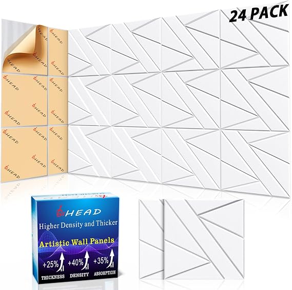 24 Pack Self-Adhesive Soundproof Wall Panels, 12 x 12 x 0.47 In Sound Proof Foam Panels for Walls, 1.2lb/ft3 High Density, Thicker 0.47in, Acoustic Panels, Noise Dampening Panels for Studio White
