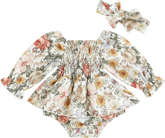 Infant Baby Girl Square-Neck Boho Floral Romper Long Sleeve Ruched Ruffle Jumpsuit Headband Newborn Spring Clothes
