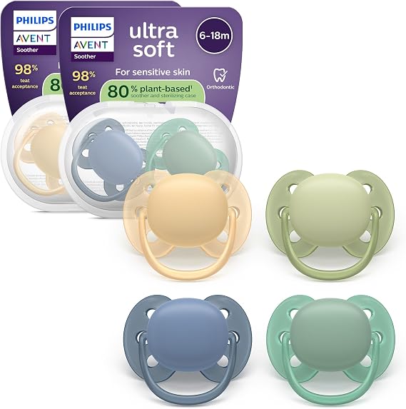 Philips Avent Ultra Soft Soothers - Orthodontic Design, for Babies 6-18 Months, Flexible Shield, Silicone Symmetrical Teat, BPA-Free, 2 Sterilizing Cases, 4 Pack, SCF091/53