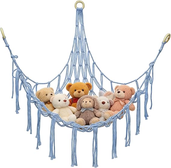 Teddy Storage, Teddy Hammock for Stuffed Animals, Cute Toy Hammock Boho Style Nursery Hanging Organizer for Kids Bedroom and Playroom, Light Blue