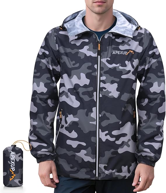 APEXUP Packable Rain Jacket Men Waterproof Lightweight Raincoat with Hood