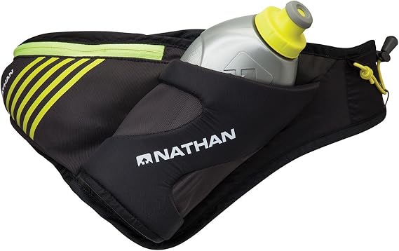 Nathan Peak Running Hydration Waist Pack Belt w/ Speed Draw Flask Water Bottle, 18oz/535 ml Push/Pull Race Cap, Expandable Zippered Stretch Pocket