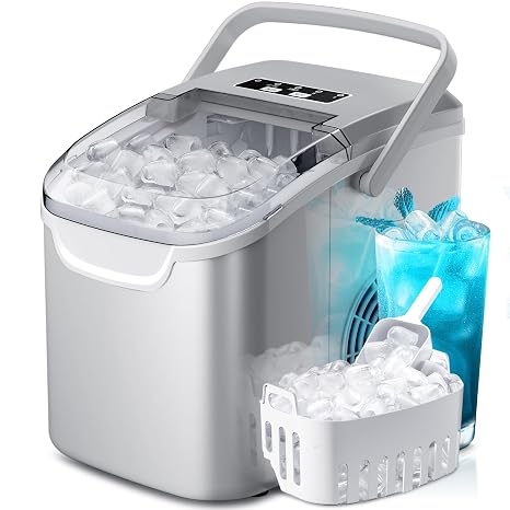 Crzoe Countertop Ice Maker, Portable Maker Machine with Handle, 9 Bullet-Shaped Cubes Ready in 6 Mins, 26Lbs/24H, Self-Cleaning Function Scoop and Basket for Home/Kitchen/Party (Grey) | 8 Bullet-Shaped Ice Cubes Ready in 6 Mins, Portable Ice Machine with Ice Scoop and Basket for Home/Kitchen