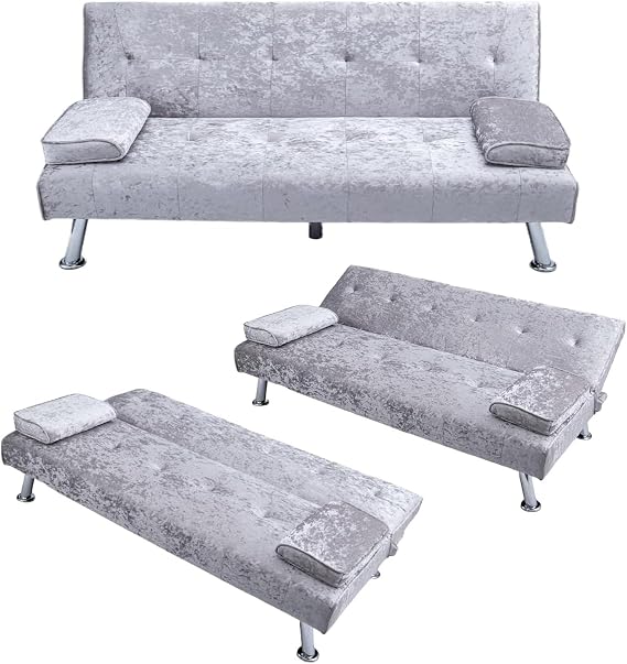 CROWNSHOP 3 Seater Sofas Modern Sofa Beds with Upholstered Convertible Sofas & Couches Couch Adjustable Angle Sofas with Metal Legs for Living Room/Spare Room/Guest Room lLght Grey Velvet