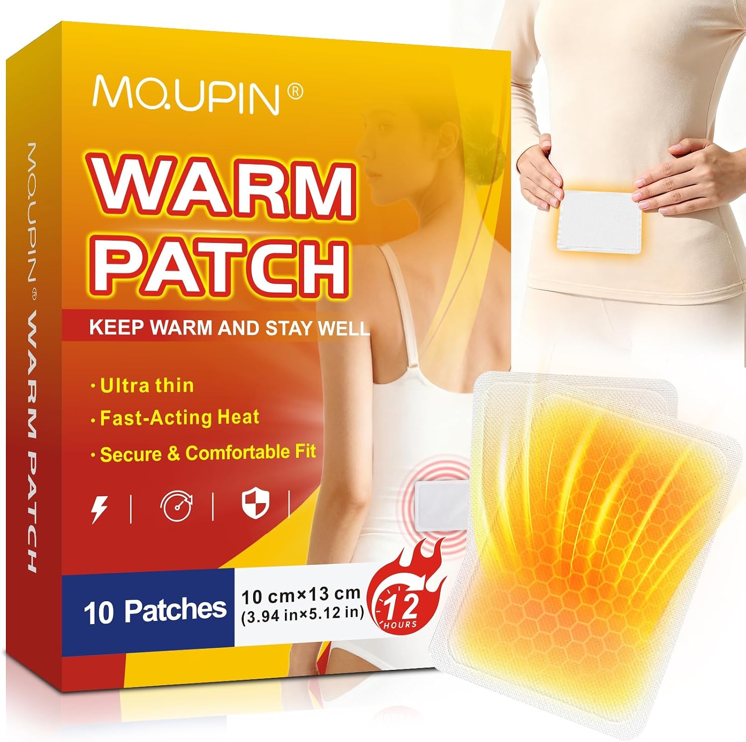 MQUPIN Deep Heat Patches, 10 Pieces Ultra Thin Heat Pads for Back & Abdomen,Self Adhesive air Activated Heat Wraps,10 cm x 13 cm, 12 Hours Warming