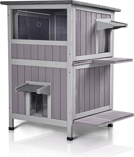 Seiyierr Outdoor Cat House Weatherproof Wild Cat Shelter Wooden Cat Condominiums for Winter with Escape Doors