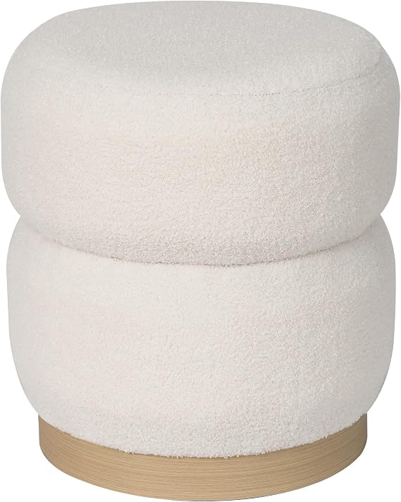 Adeco Cozy Teddy Velvet Round Ottoman, Plush Upholstered Foot Rest Stool with Solid Wood Base for Living Room & Bedroom, 16.5 inch Accent Stool, White