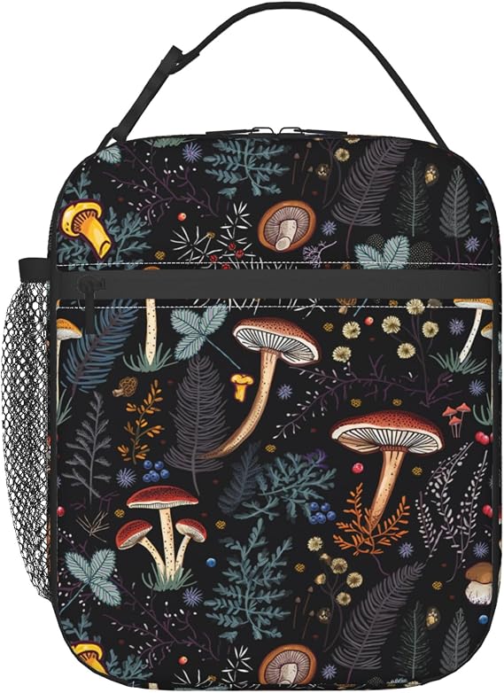 Mushroom Gifts Women's Lunch Bag, Leakproof Cute Leaf Forest Reusable Insulated Cooler Lunch Container for Work/Office/Picnic/Travel - Black