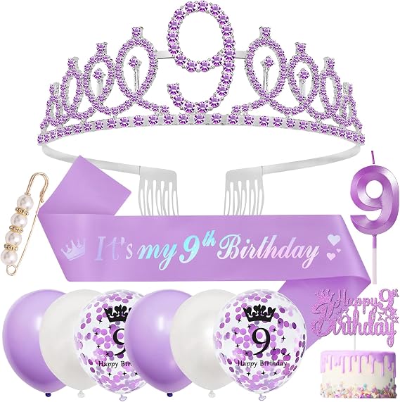 9th Birthday Decorations, 9th Birthday Sash and Tiara 9 Year Old Girls Gifts,Purple Crown Headband Sash,Balloons Cake Topper Candles Gifts for 9 Year Old for Girls