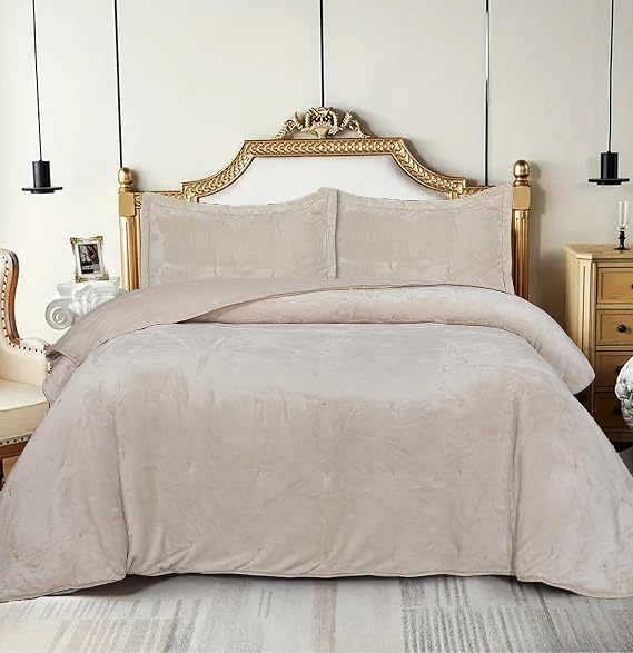 PHP Large Faux Fur Blanket Double Bed Throws Bedspread Fluffy Warm Velvet Quilt Bed Blankets Over Sofa Bed Couch 3Pcs with 2 Pillow Shams - 230 x 235 cm, Beige