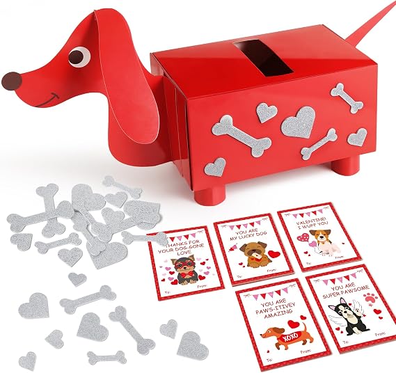 Valentines Day Boxes and Cards for Kids Classroom School Exchange, Great Party Favors Valentines Gifts for Boys Girls - 1 DIY Puppy Box, 32 Valentine Cards, 1 Teacher Card