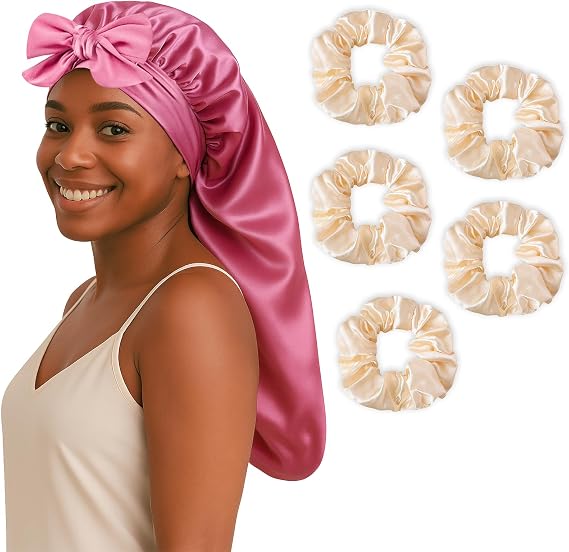 Long Bonnet Satin Hair Bonnet for Women, Silky Bonnets for Women with Tie Band, Sleep Cap for Braids Curly Hair