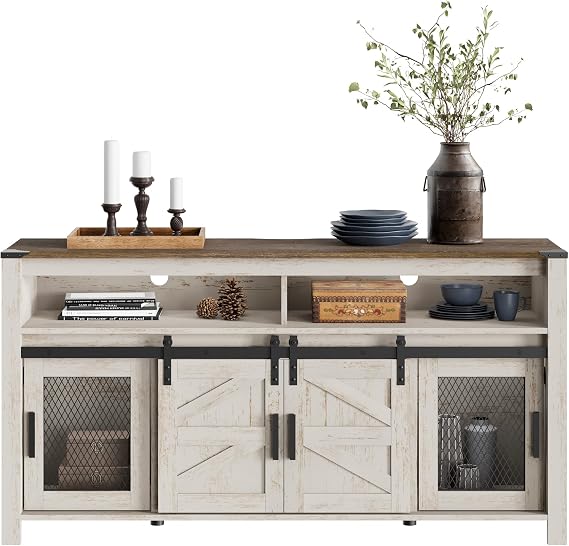 WAMPAT Farmhouse Buffet Cabinet, Rustic Sideboard with Sliding Barn Doors, 59" Coffee Bar Storage Cabinet with Mesh Doors, Cupboard Table for