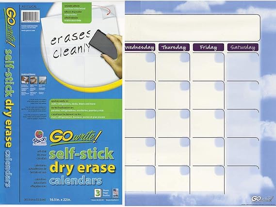 GoWrite! Self-Adhesive Dry Erase Monthly Calendar, 16.5"x22", 3 Pack (AS1722CAL)