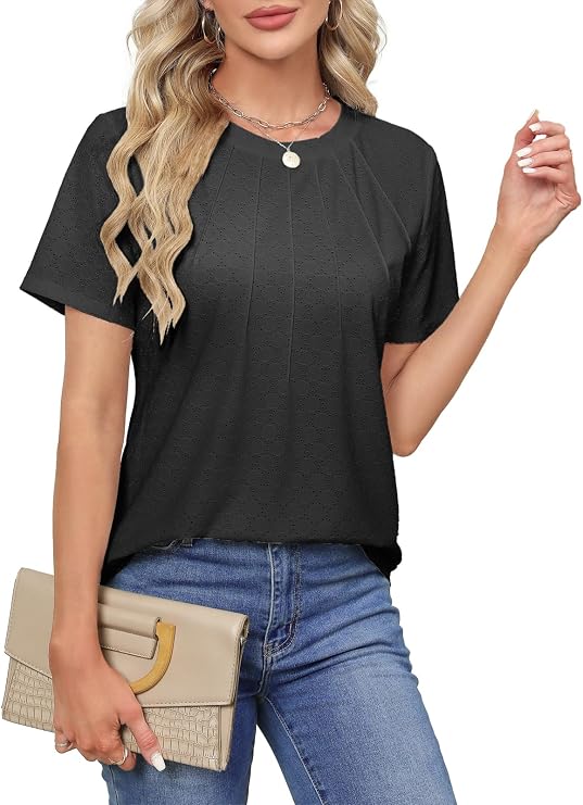 ZANZEA Women's Short Sleeve Shirts Crew Neck Eyelet Embroidery Tops Womens Blouses Dressy Casual Lace Flowy Summer T Shirts