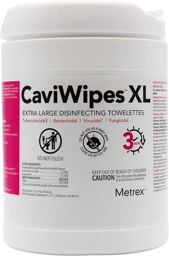 Metrex CaviWipes1 XL Surface Disinfectant Towelettes Durable Non-Woven Disinfecting Wipes for Hard, Non-Porous Surfaces, Pre-Saturated with CaviCide1 9" x 12", 65 Wipes per Canister (Pack of 1)