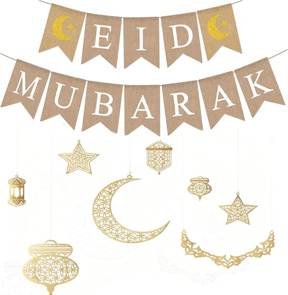 Wooden EID Decorations for Home Burlap EID Mubarak Banner, Wooden Hanging Ornaments for Restaurant Garden Al Adha Decorations