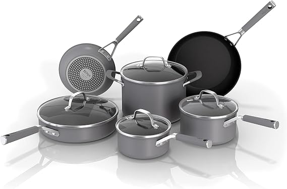 Ninja NeverStick Professional Hard-Anodized 10 Piece Pots & Pans Set, Nonstick Cookware Set, Durable, Oven Safe to 500F, Slate Grey, C39500