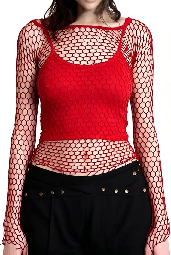 Honeycomb Mesh Long Sleeve Tops Tight Fitting Hex Fishnet Blouse T Shirts for Rave Women Men