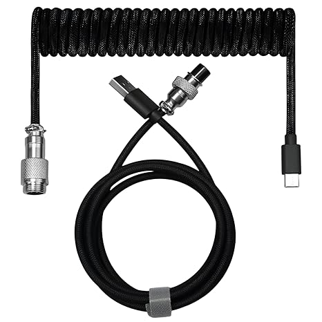 TPU Mechanical Keyboard Cable with Detachable Aviator Connector for Gaming Keyboard, Type C Coiled Cable 1.8m, Type-C To USB A (Black)