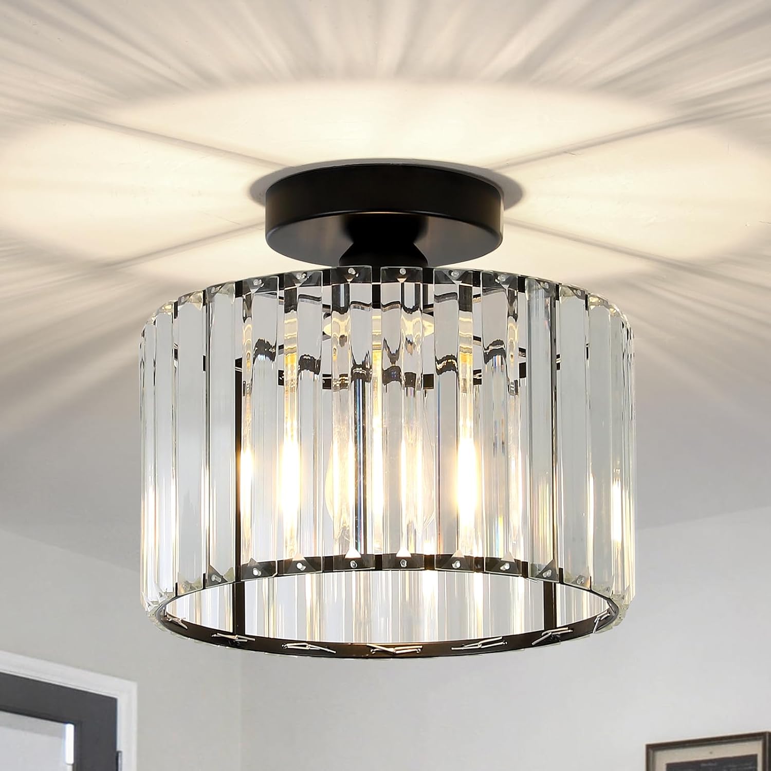 Crystal Ceiling Lights - Modern Chandeliers, Black Fitting with Glass Lampshade, Flush Lights for Living Room, Bedroom, Kitchen, Hallway, Bathroom [Energy Class D]