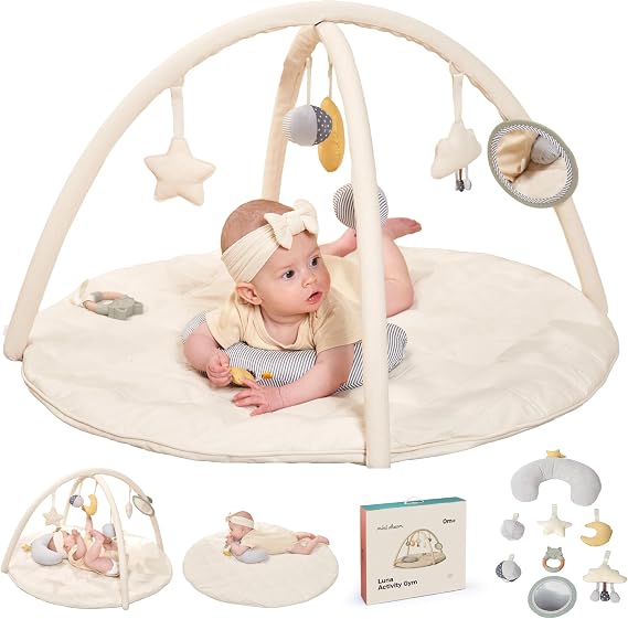 Baby Play Mat & Tummy Time Activity Gym with 8 Attachable Toys, Gift Box | From Newborn, Baby Mirror, Support Pillow and Sensory Toys with Sound for Early Development, Large Size Playmat