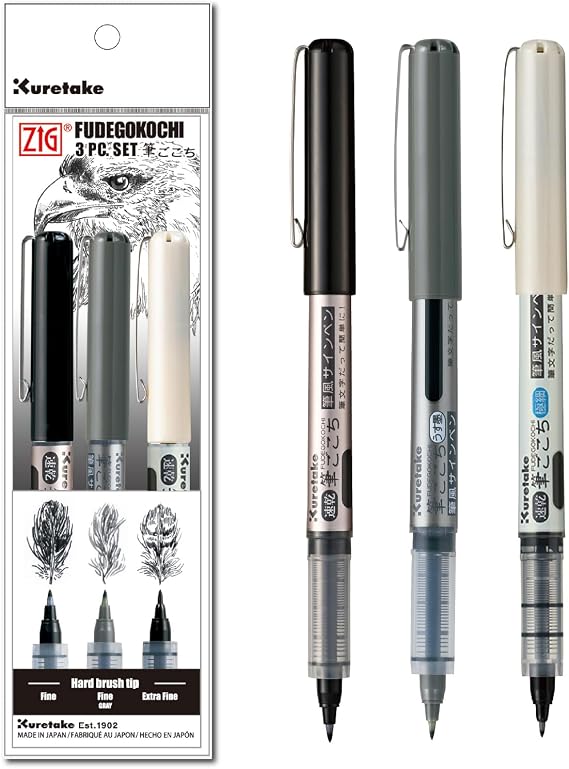 Kuretake Zig Inktober pen set, for Illustration, Manga Drawing, Lettering and Calligraphy, Professional Artist, Made in Japan (FUDEGOKOCHI(3pcs.))