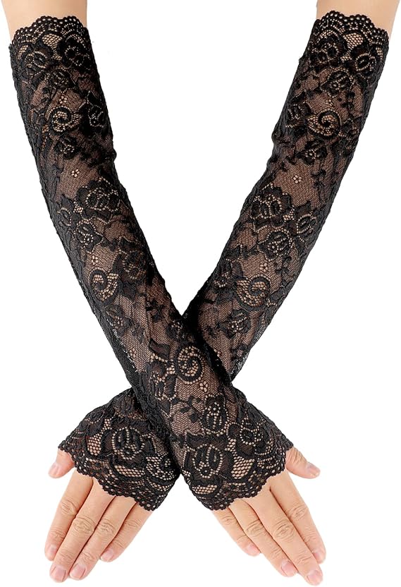 Women's Floral Lace Fingerless Gloves - Elbow Length Arm Sleeves for Tea Party