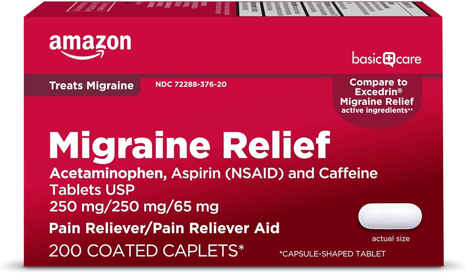 Amazon Basic Care Migraine Relief, Acetaminophen, Aspirin NSAID and Caffeine Tablets, Headache Pain RelieverPain Reliever Aid, 200 Count