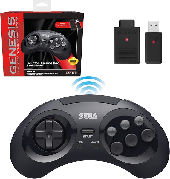 Retro-Bit Sega Genesis 2.4 GHz Wireless Controller 8-Button Arcade Pad for Sega Genesis Original/Mini, Nintendo Switch, PC, Mac Includes 2 Receivers & Storage Case - Black