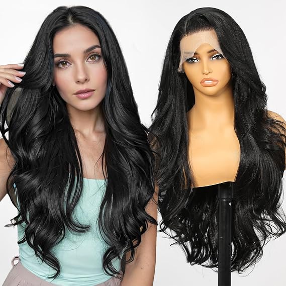 KOME Black Synthetic Lace Front Wig,136 Body Wave HD Glueless Wigs for Women Natural Daily Use 28IN