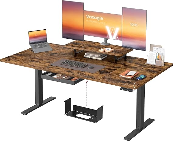 VASAGLE Electric Standing Desk, Height Adjustable Desk, 160 x 80 cm, Flexible Monitor Stand and Drawer, USB-C Port, Sedentary Reminder, for Home Office, Rustic Brown LSD156KD02